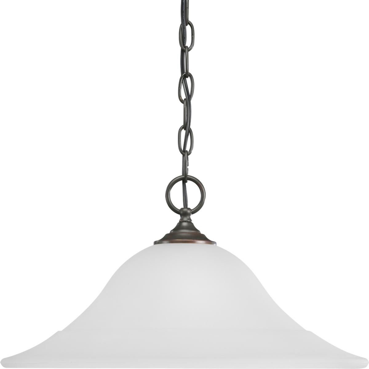 Hubbell P5095-20 One-light pendant featuring soft angles, curving lines and etched glass shades. Gracefully exotic, the Trinity Collection offers classic sophistication for transitional interiors. Sculptural forms of metal and glass are enhanced by a classic finish. This 