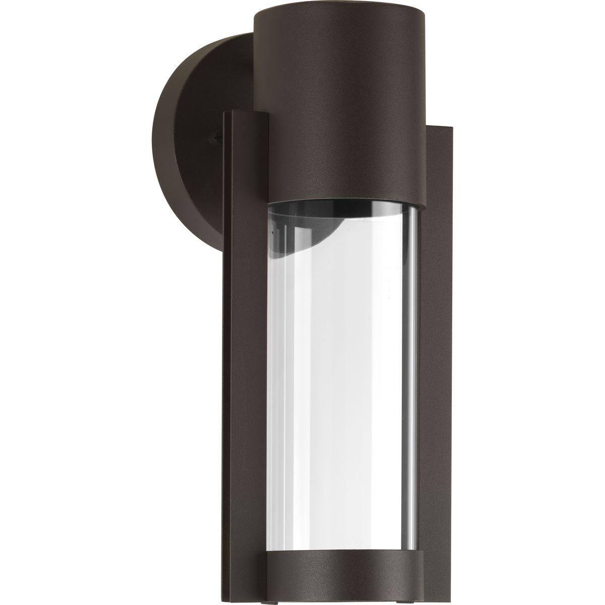 Hubbell P560051-020-30 A modern small outdoor LED sconce with an architectural-inspired open linear frame and clear glass diffuser. Finished in Antique Bronze.  ; A modern outdoor LED sconce. ; LED source provides energy efficient source with low maintenance and cost savings be