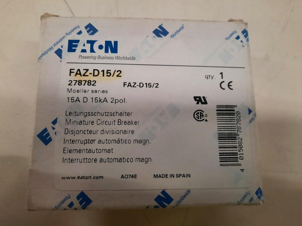 Eaton FAZ-D15/2 Eaton FAZ supplementary protector,UL 1077 Industrial miniature circuit breaker - supplementary protector,High levels of inrush current are expected,15 A,15 kAIC,Two-pole,10-20X /n,50-60 Hz,Standard terminals,D Curve