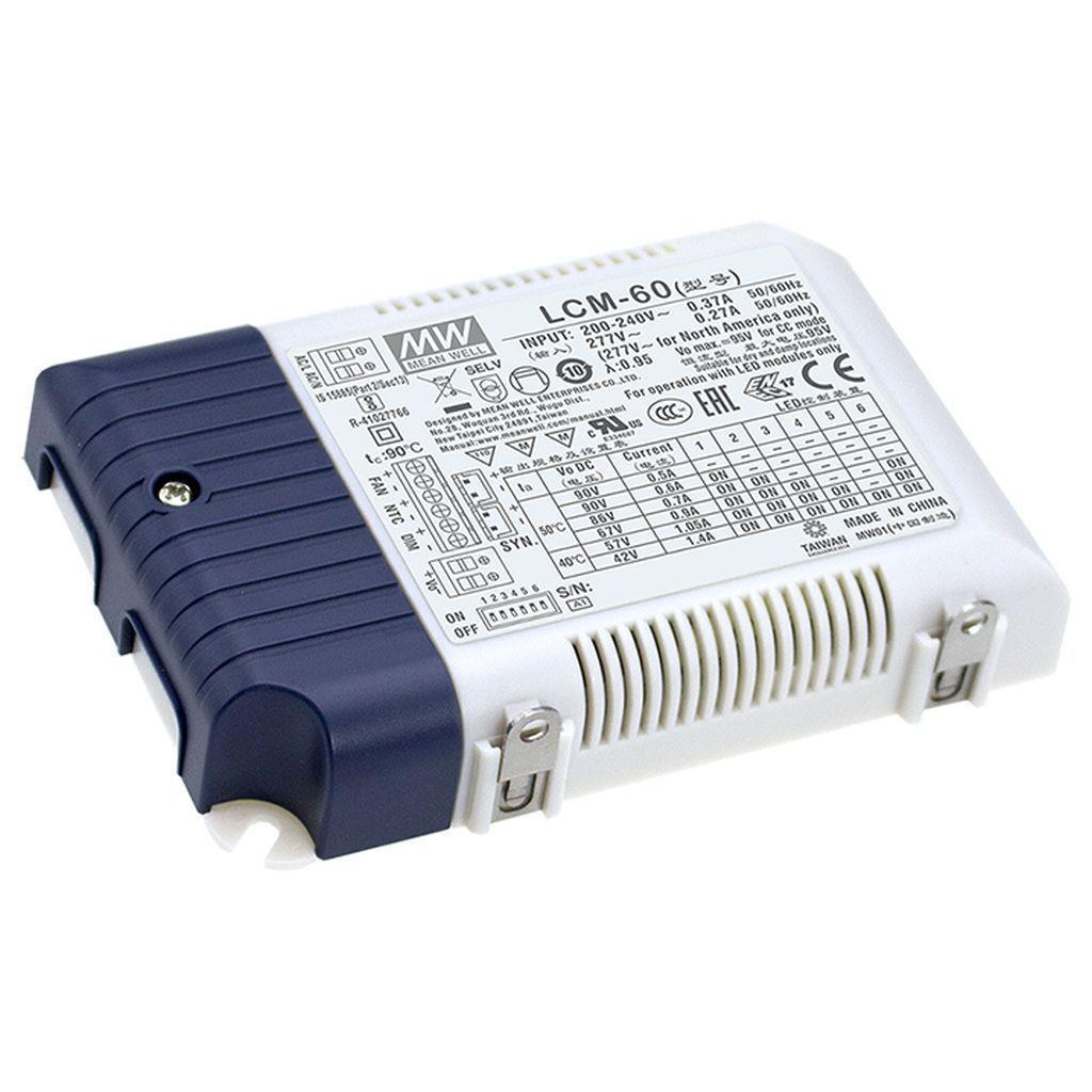 MEAN WELL LCM-60 AC-DC Multi-Stage LED driver Constant Current (CC); Modular output 0.5A/0.6A/0.7A/0.9A/1.05A/1.4A; dimming 0-10Vdc & PWM; extra 12Vdc at 50mA