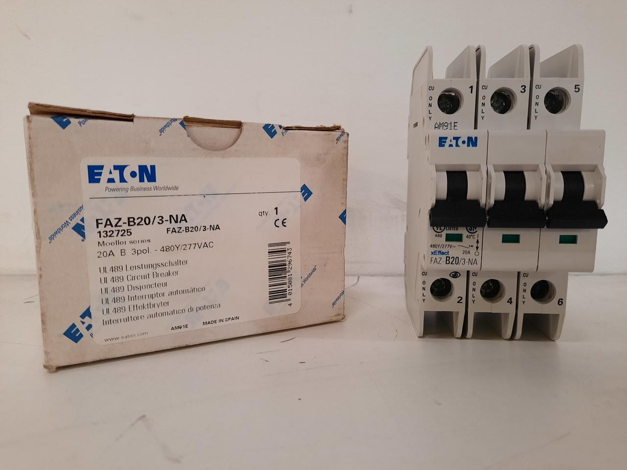 Eaton FAZ-B20/3-NA 277/480 VAC 50/60 Hz, 20 A, 3-Pole, 10/14 kA, 3 to 5 x Rated Current, Screw Terminal, DIN Rail Mount, Standard Packaging, B-Curve, Current Limiting, Thermal Magnetic