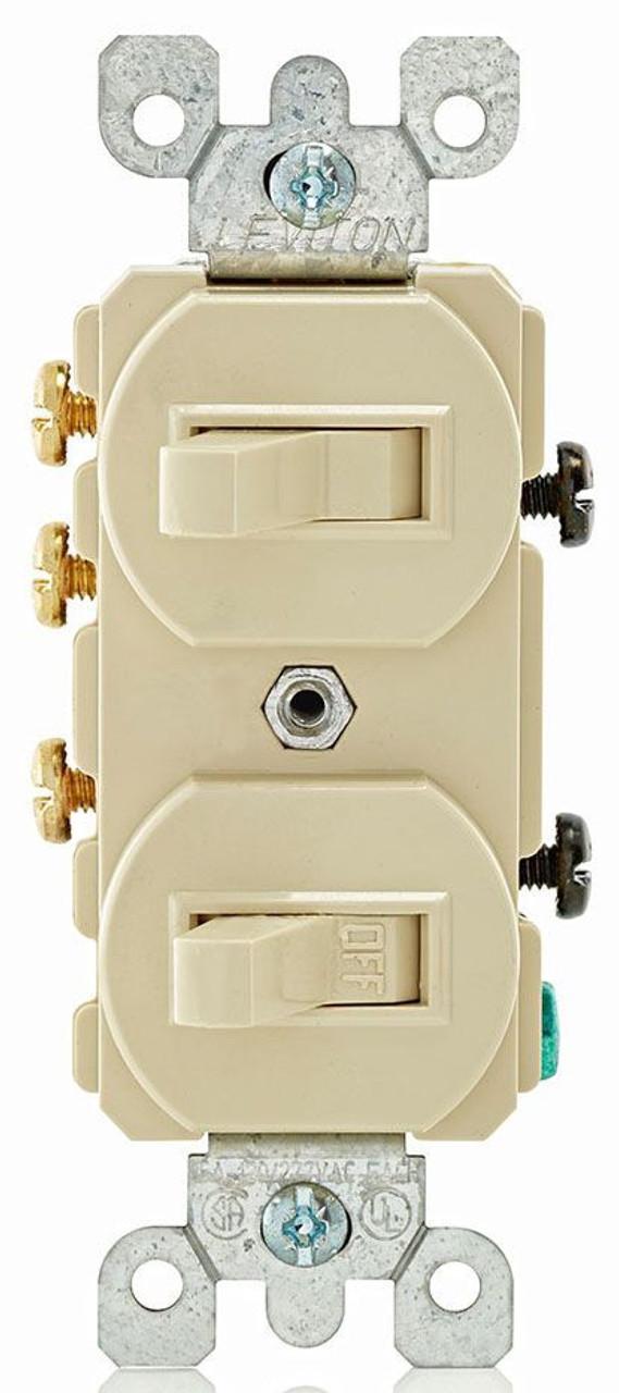 Leviton 5241-I 120/277 VAC, 1-Pole, 3-Way, 15 A, Side Wiring, Ivory, Thermoplastic, Duplex, Combination Switch