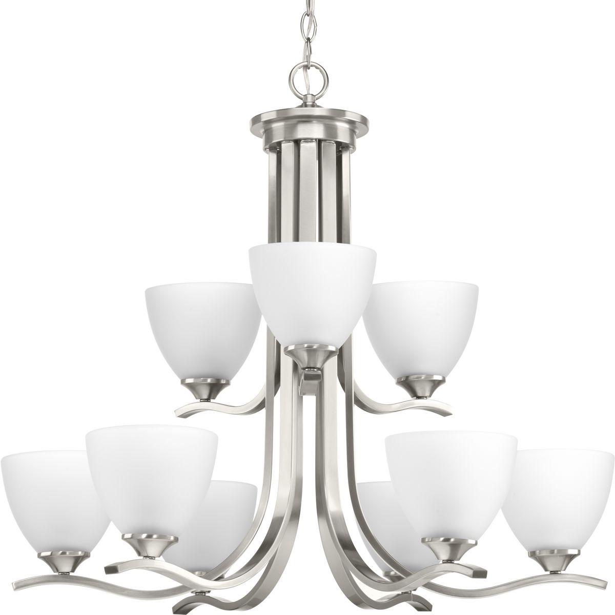 Hubbell P400064-009 The Laird collection provides a contemporary complement to casual interiors popular in today's homes. Glass shades add distinction and provide pleasing illumination to any room, while scrolling arms create an airy effect. Nine-light chandelier in an Brush