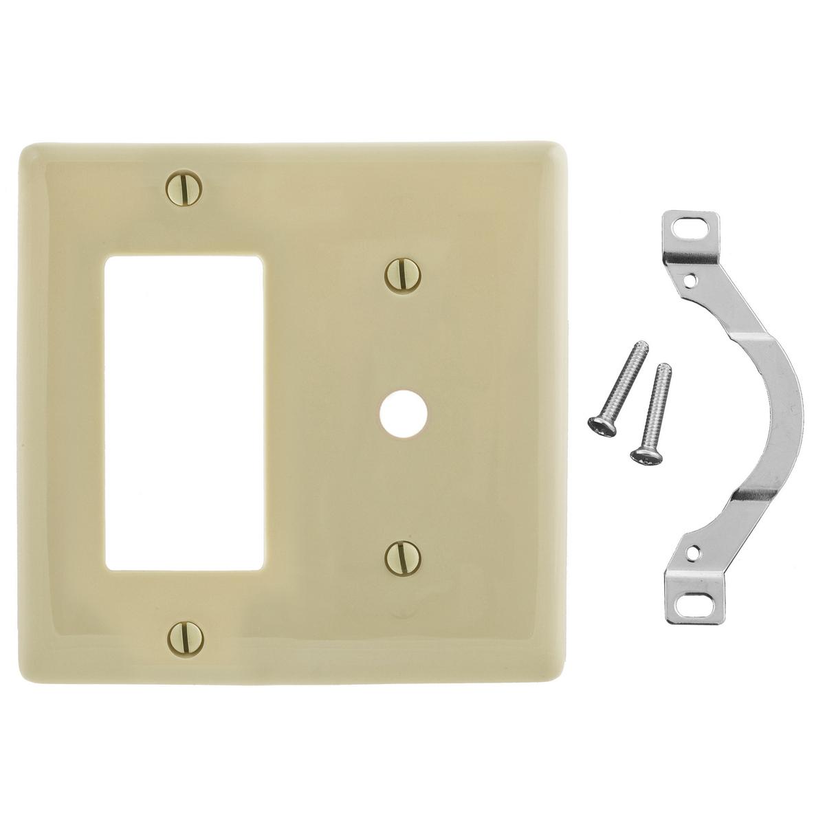Hubbell NP1226I Wallplates, Nylon, 2-Gang, 1) Decorator, 1) .406" Opening, Ivory  ; Reinforcement ribs for extra strength ; High-impact, self-extinguishing nylon material ; Captive screw feature holds mounting screw in place ; Standard Size is 1/8" larger to give you ext