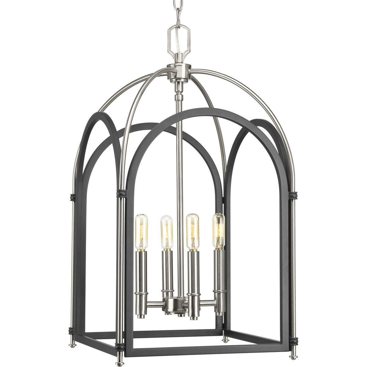 Hubbell P500039-143 Westfall is a distinctive combination of arching elements that create a dramatic soaring frame. A dual-tone finish of Graphite with Brushed Nickel highlights the distinctive form and provides rich contrasting surround for a classic candelabra cluster. Met