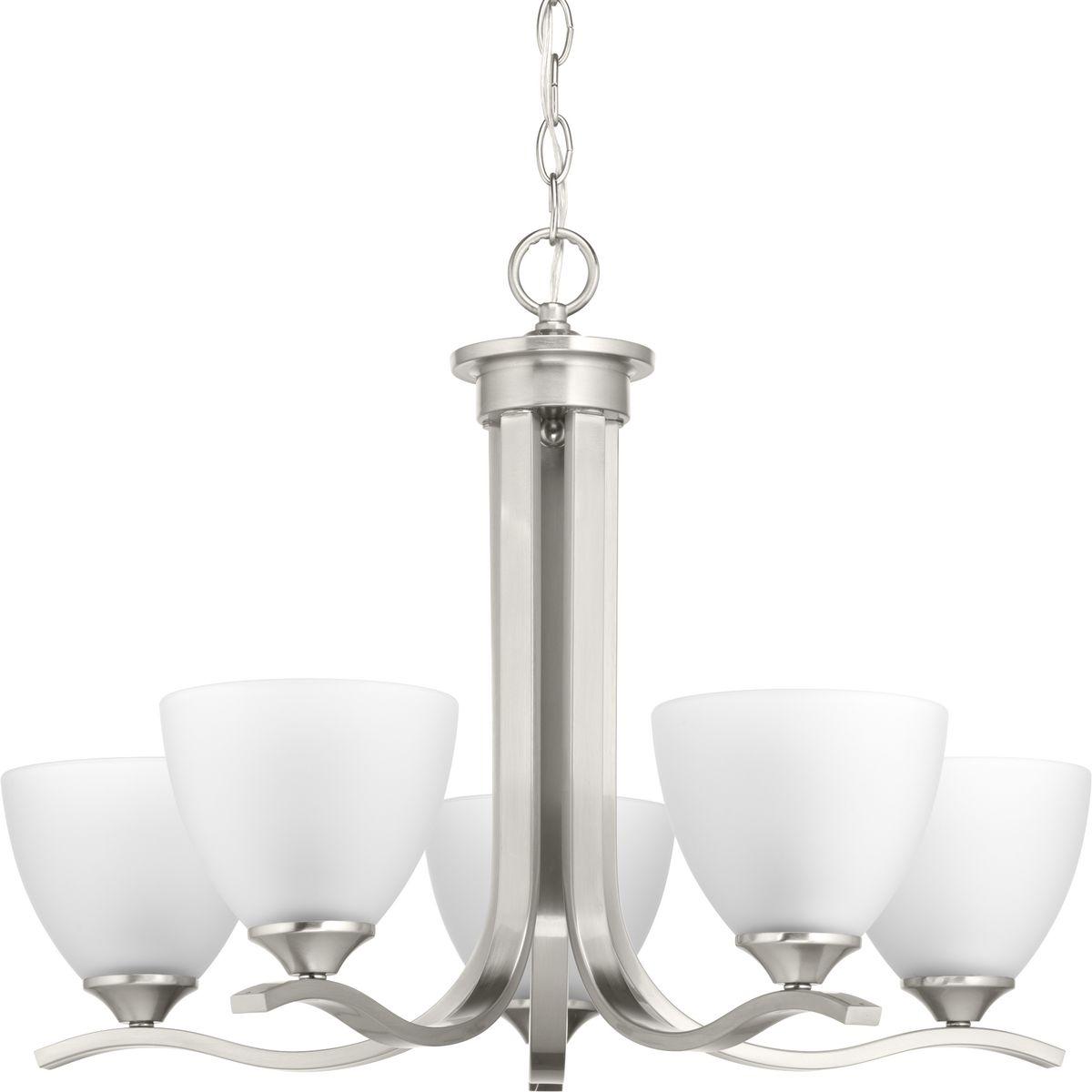 Hubbell P400063-009 The Laird collection provides a contemporary complement to casual interiors popular in today's homes. Glass shades add distinction and provide pleasing illumination to any room, while scrolling arms create an airy effect. Five-light chandelier in an Brush