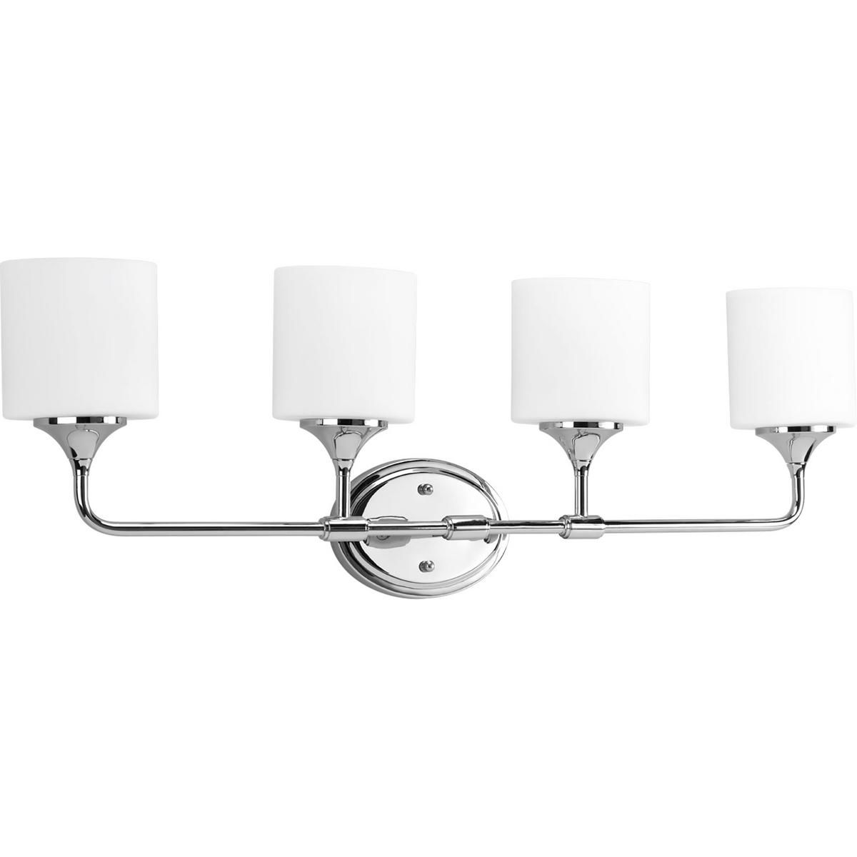 Hubbell P2804-15 With a youthful, yet timeless flair, the Lynzie Collection brightens your day with its simplicity. This four-light bath fixture with etched, white, oval shaped glass shades held upright by delicate classic Chrome finished arms portray the simple styling. 