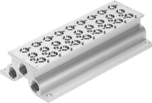 Festo 550095 manifold block CPE18-PRS-3/8-9-NPT For CPE valves. Grid dimension: 26 mm, Assembly position: Any, Max. number of valve positions: 8, Max. no. of pressure zones: 2, Operating pressure: -13 - 145 Psi