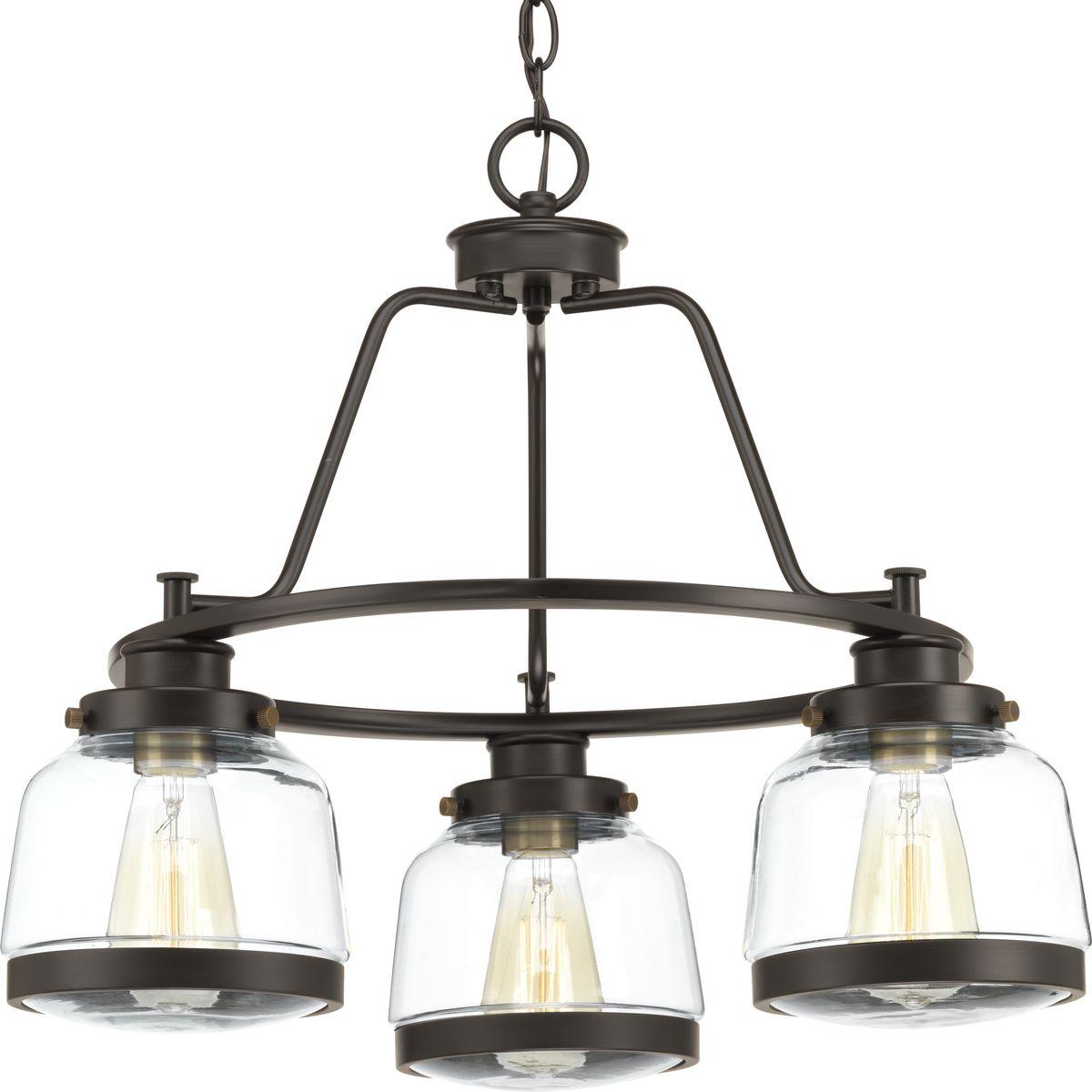 Hubbell P400057-020 The Judson collection features a timeless clear schoolhouse-style globe. Metal fittings add distinction to complete the vintage look. Judson provides the perfect compliment to farmhouse or coastal-inspired homes. Three-light chandelier in an Antique Bronz
