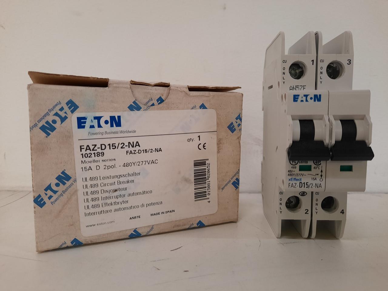 Eaton FAZ-D15/2-NA 277/480 VAC 50/60 Hz, 15 A, 2-Pole, 10/14 kA, 10 to 20 x Rated Current, Screw Terminal, DIN Rail Mount, Standard Packaging, D-Curve, Current Limiting, Thermal Magnetic