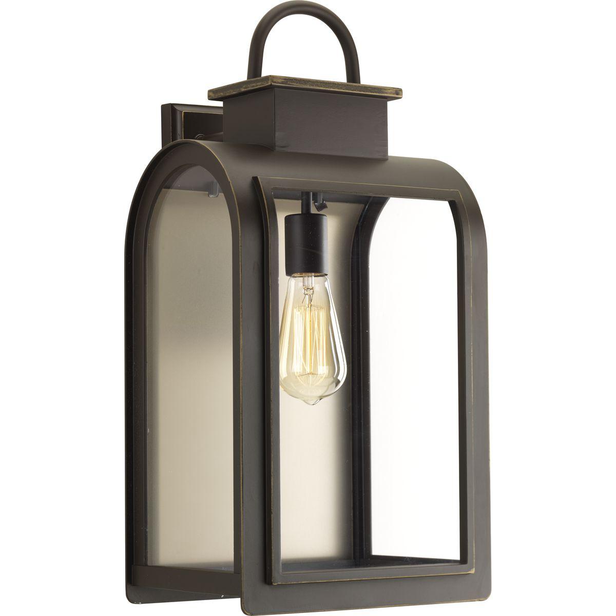 Hubbell P6032-108 One-light large wall lantern in a Cape Cod-inspired frame pays homage to a classic nautical style. Light output and geometric forms offer visual interest to outdoor exteriors. Clear glass windows are paired with a unique umber reflector panel that provide