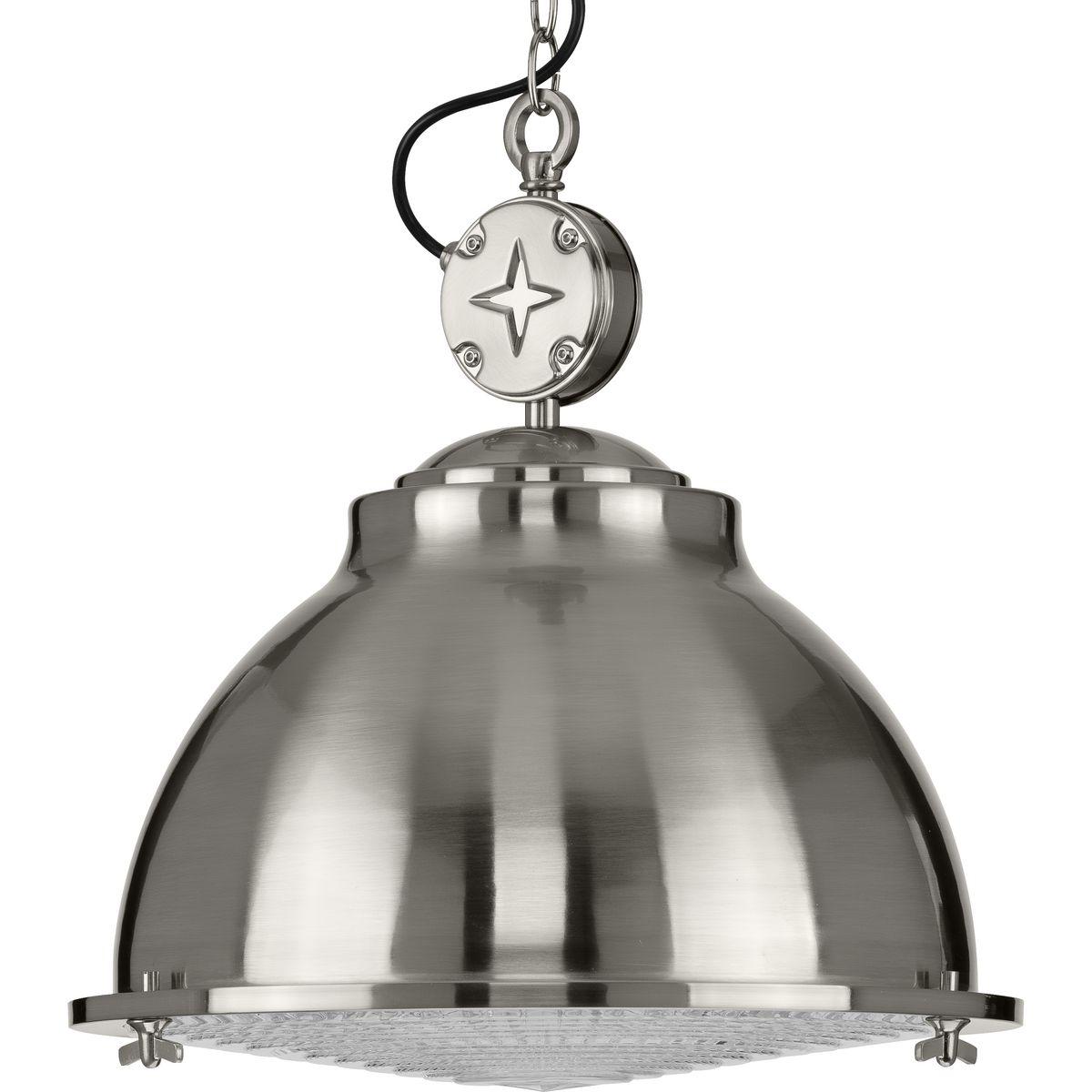Hubbell P500212-009 Inspired by vintage automobile engines, this pendant boasts a signature star motif for added industrial character. The smooth metal shade is coated in a beautiful brushed nickel finish. The shade holds a prismatic glass diffuser primed for providing optim