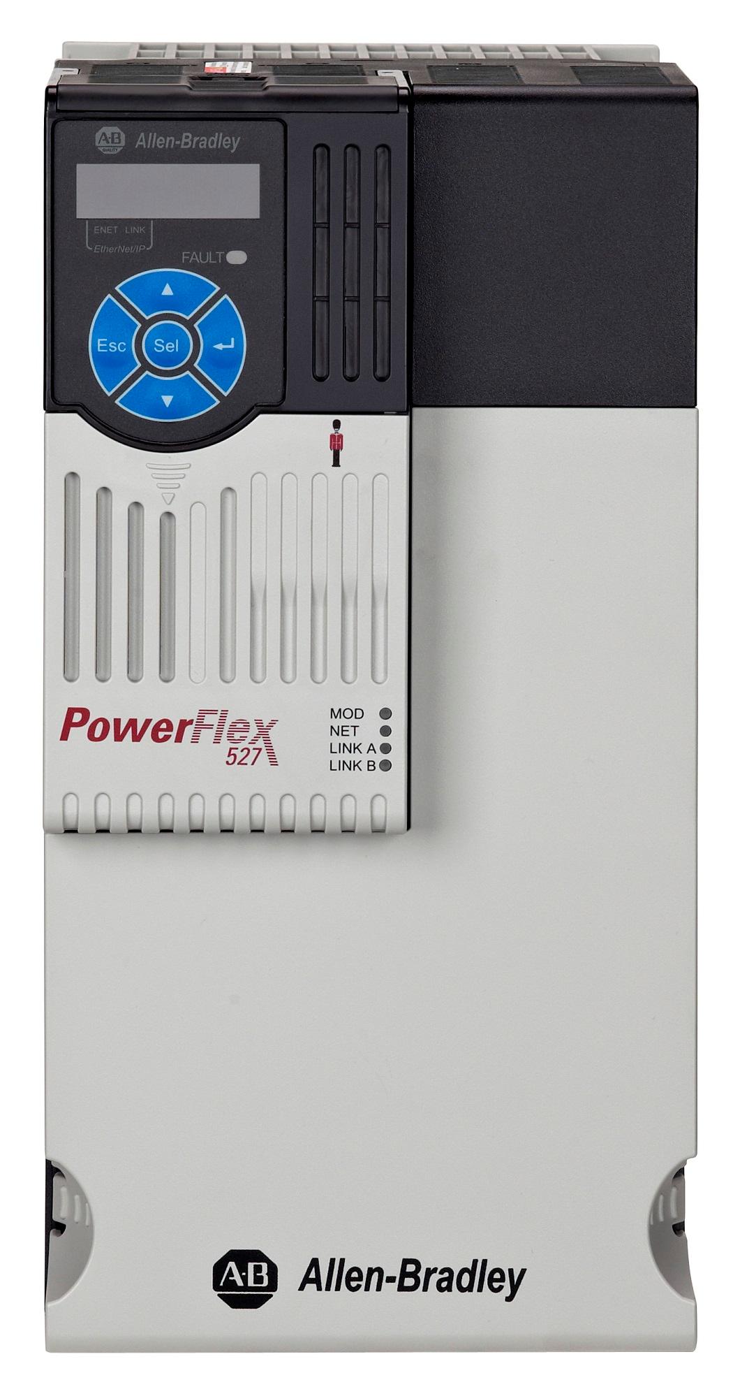 Allen Bradley 25C-D024N104  PowerFlex 527 AC Drive, with Embedded Dual Port EtherNet/IP and Integrated Safety, 480 VAC, 3 Phase, 24 Amps, 15 HP, 11 kW Normal Duty; 15 HP, 11 kW Heavy Duty, Frame D, IP20 NEMA / Open Type, No Filter