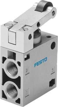 Festo 8991 roller lever valve RO-3-1/4-B normally open. Valve function: 3/2 open, monostable, Type of actuation: mechanical, Standard nominal flow rate: 600 l/min, Operating pressure: -0,95 - 10 bar, Design structure: Poppet seat
