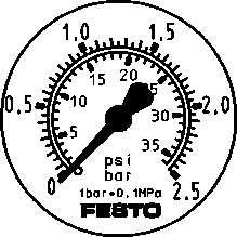 Festo 159601 flanged pressure gauge FMA-63-2,5-1/4-EN With display unit in bar and psi. Indicating range [bar]: 0 - 2,5 bar, Conforms to standard: EN 837-1, Nominal size of pressure gauge: 63, Design structure: Bourdon-tube pressure gauge, Mounting type: Front panel i