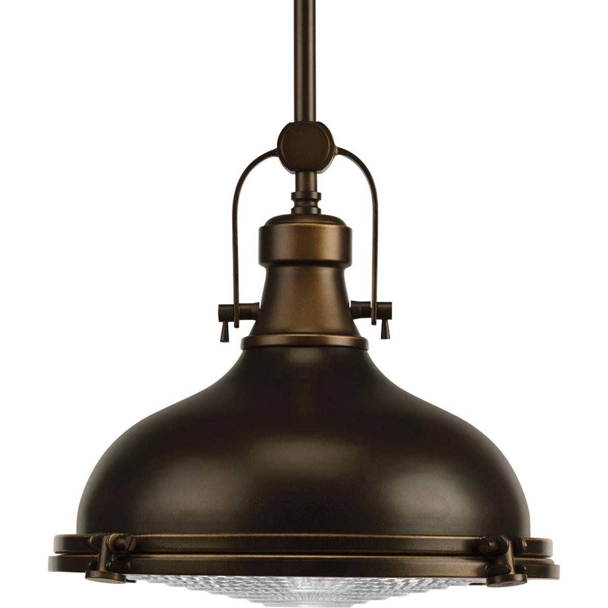 Hubbell P5188-10830K9 The one-light 12" pendant features industrial roots in both form and function. The Oil Rubbed Bronze finish highlight the high-quality prismatic glass which adds to the historical aesthetic. Antique style fixture includes a hinge-locking nautical design. 