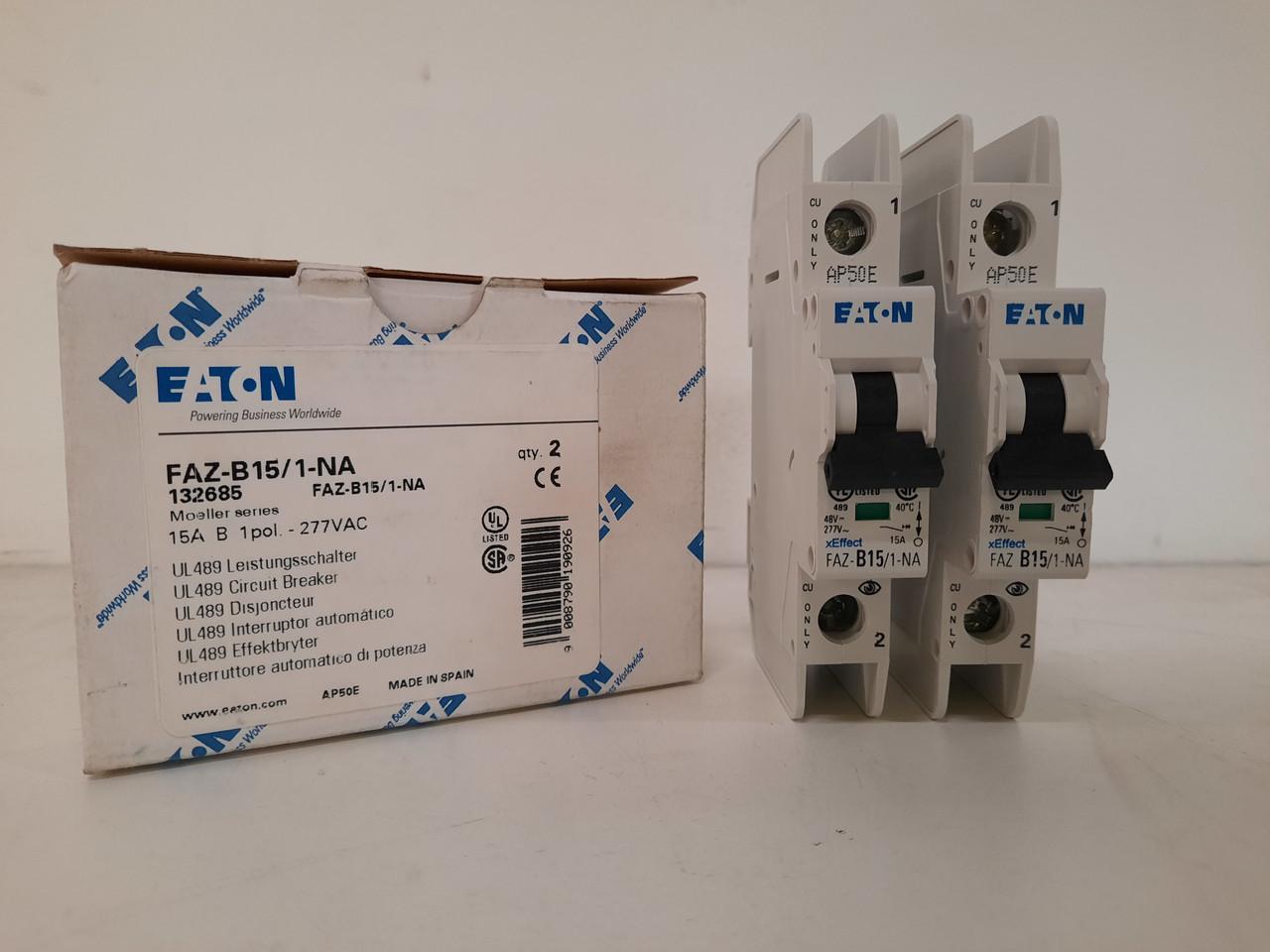 Eaton FAZ-B15/1-NA 277/480 VAC 50/60 Hz, 15 A, 1-Pole, 10/14 kA, 3 to 5 x Rated Current, Screw Terminal, DIN Rail Mount, Standard Packaging, B-Curve, Current Limiting, Thermal Magnetic, Miniature Circuit Breaker