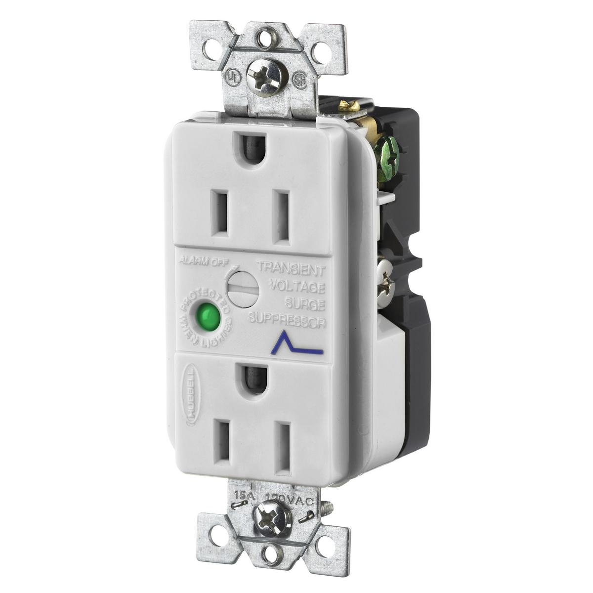 Hubbell HBL5262OWSA TVSS Duplex Receptacle with Light and Alarm, 15A 125V, 5-15R, Gray  ; Automatic self-grounding staple ; Distinctive surge symbol provides quick identification ; Power-on indicator light verifies that power is available ; Alert alarm sounds when surge prot