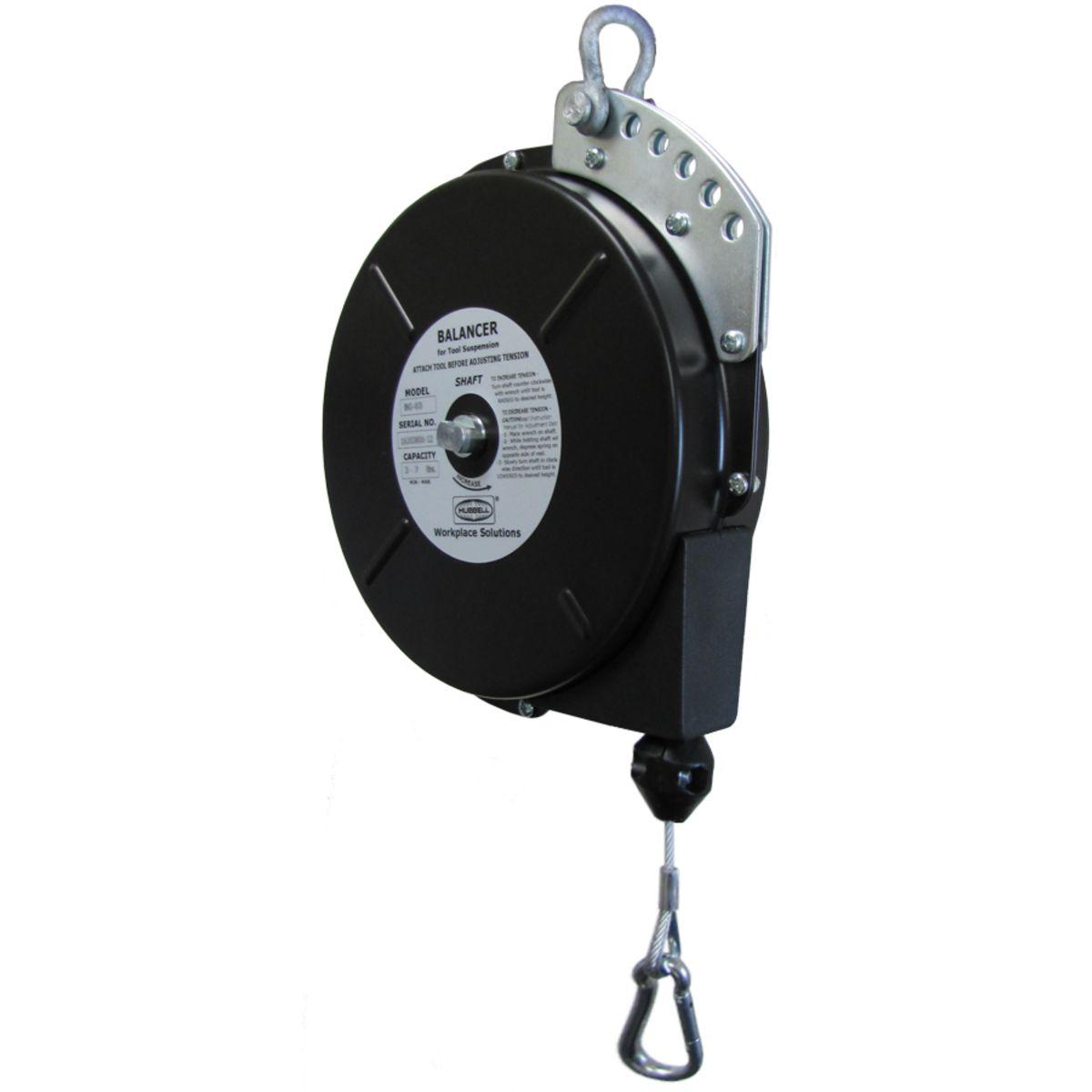 Hubbell BG-10 Balance Reel 8.0 - 12.0 lbs.  ; Rugged steel construction  with  black  polyester  baked  finish ; Reinforced  hanging  bracket  with forged  clevis  for ceiling mounting and extra holes for safety chain attachment ; Spring  is  permanently  lubricated,In