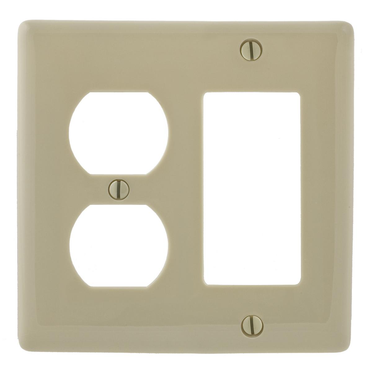 Hubbell NPJ826I Wallplates and Box Covers, Wallplate, Nylon, Mid-Sized, 2-Gang, 1) Duplex 1) Decorator, Ivory  ; Reinforcement ribs for extra strength ; High-impact, self-extinguishing nylon material ; Captive screw feature holds mounting screw in place ; Standard Size i