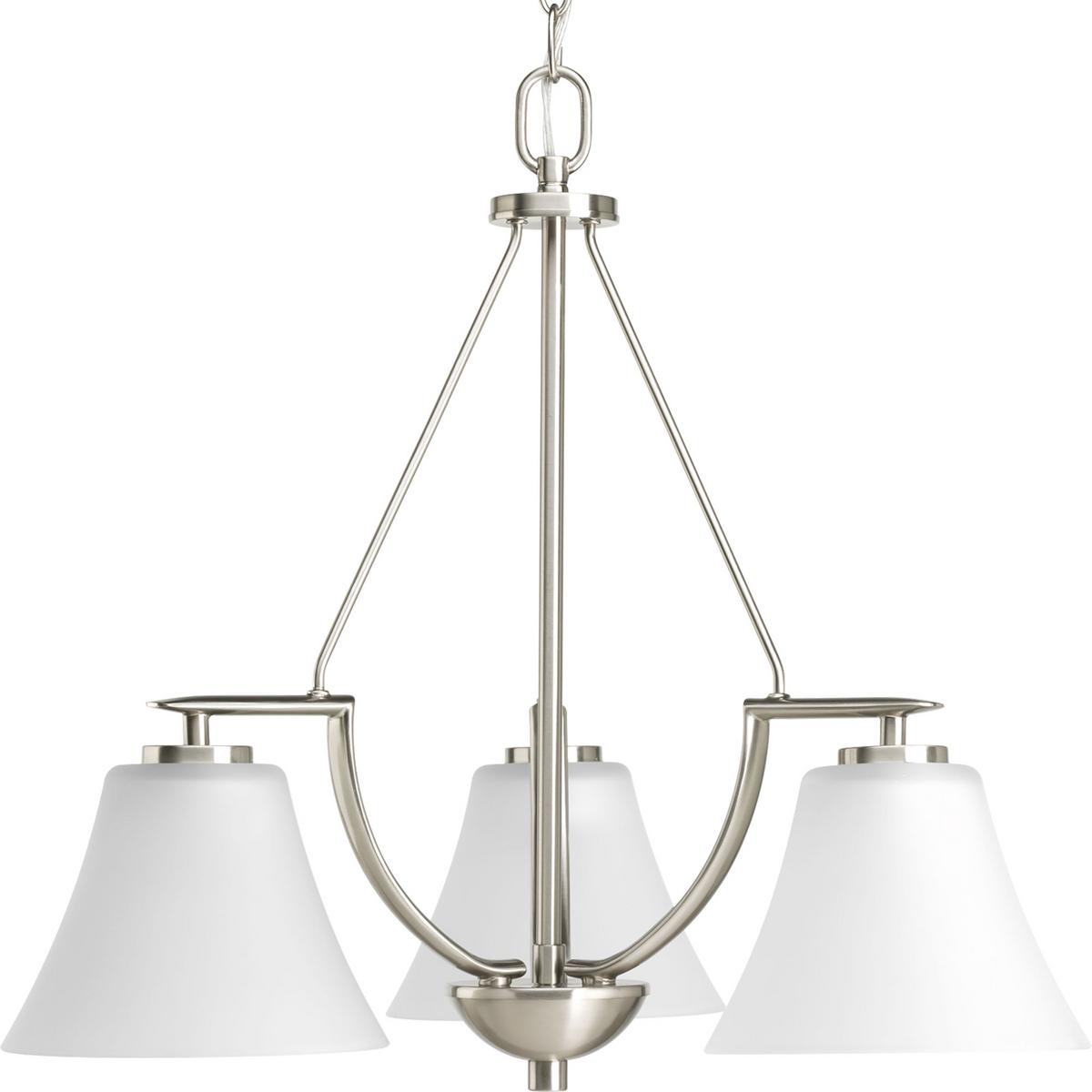 Hubbell P4621-09 Three-light down chandelier with white etched glass from the Bravo collection. Linear elements stream throughout the fixture to compose a relaxed but exotic ambiance. Generously scaled glass shades add distinction against the Brushed Nickel finish and pro
