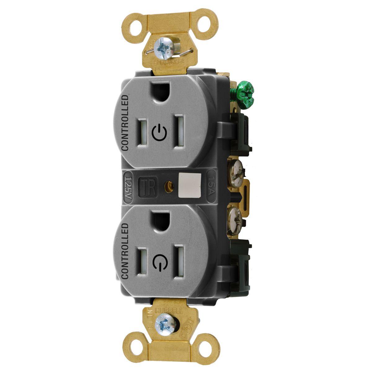 Hubbell HBL5262C2GRYTR Straight Blade Devices,Extra Heavy Duty Standard Duplex Receptacles for Controlled Applications , Fully Controlled,15A, 125V, 2 Pole, 3 Wire Grounding,Gray  ; Permanently marked with universal power symbol and the word "CONTROLLED" to visually identify re