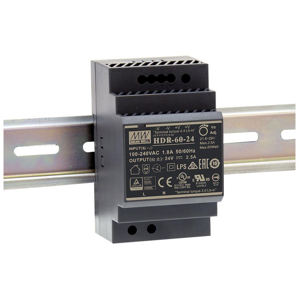 MEAN WELL HDR-60-24 AC-DC Ultra slim DIN rail power supply; Input range 85-264VAC; Output 24VDC at 2.5A; Pass LPS