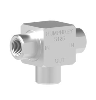 Humphrey S125 Shuttle Valves, TAC Miniature Shuttle Valves, Description: Shuttle Valve, Number of Ports: 3 ports, Number of Positions: 2 positions, Valve Function: Shuttle, Piping Type: Inline, Direct Piping, Approx Size (in) HxWxD: 1.31 x 0.88 x 1.75