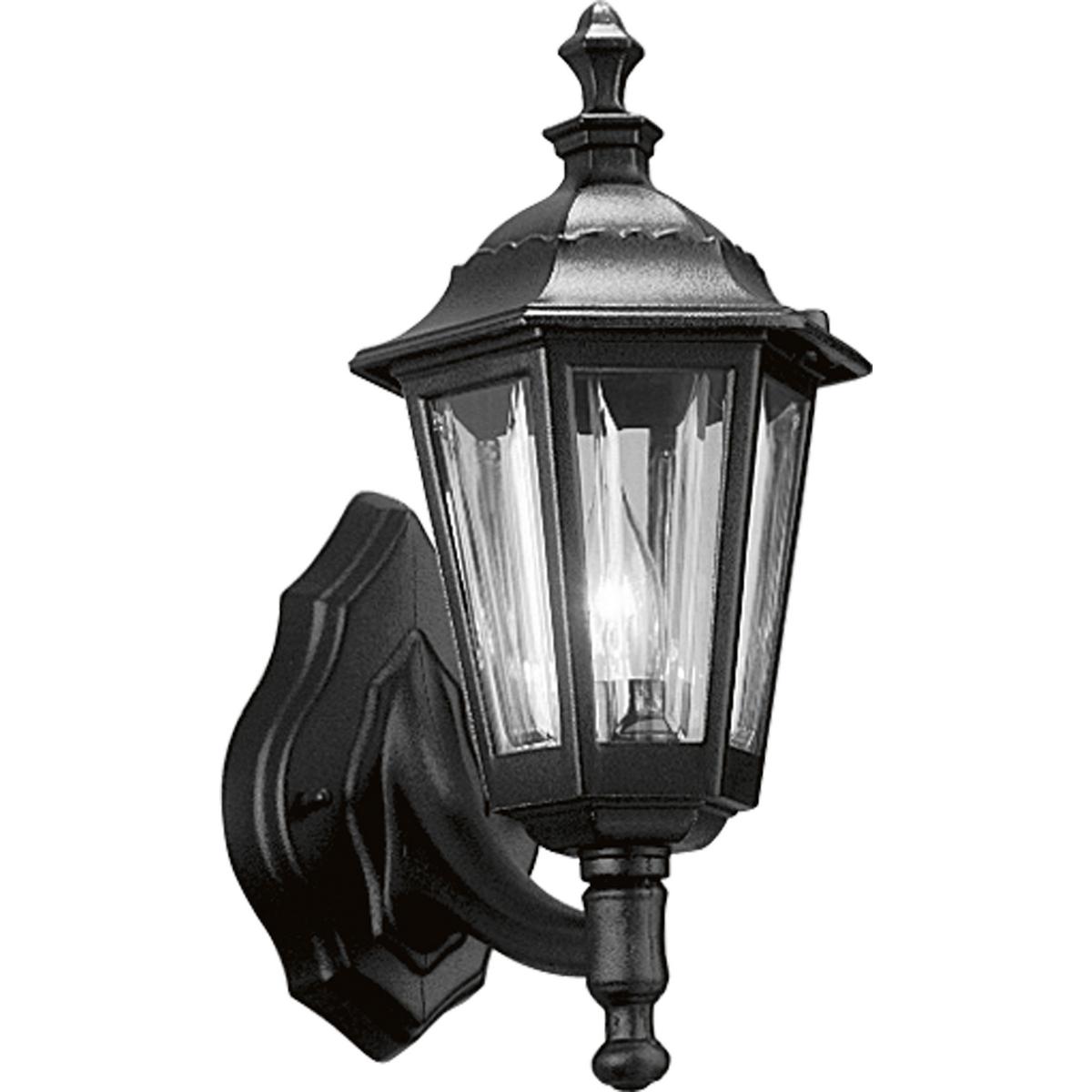 Hubbell P5826-31 Make sure friends and relatives know right away where your house is when you decorate with this striking wall lantern in a black finish. With shatter-resistant acrylic panels, this outdoor lighting excels in both form and function. Cast aluminum wall lant