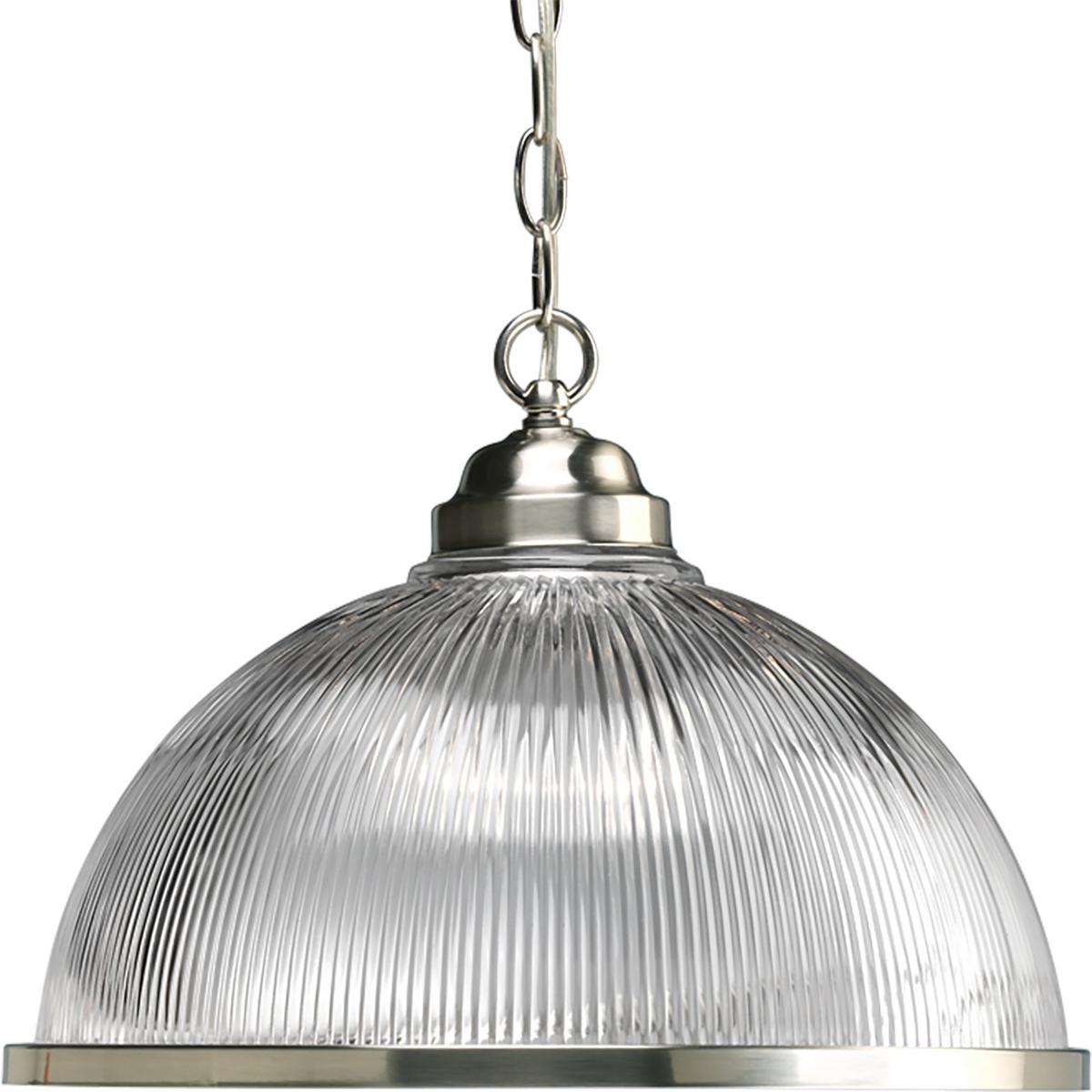 Hubbell P5103-09 One-light chain-hung pendant with a clear Prismatic glass dome and Brushed Nickel finish.  ; Brushed Nickel finish. ; Clear Prismatic glass. ; Three feet 9 gauge chain supplied.