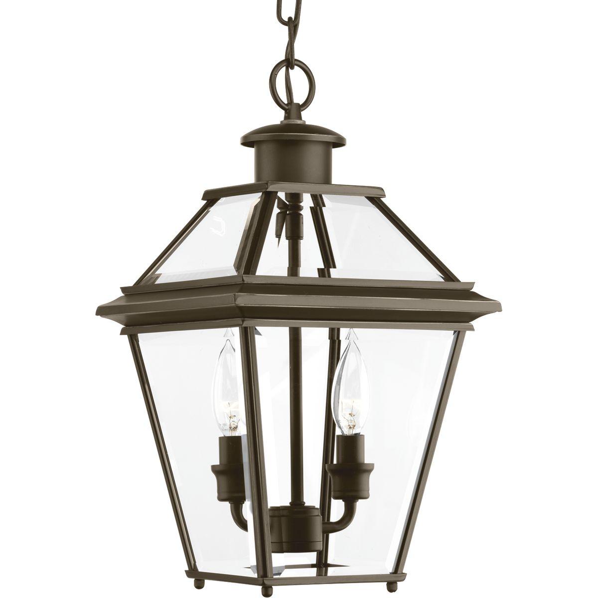 Hubbell P6537-20 The two-light hanging lantern from the Burlington outdoor collection is constructed from aluminum for durable, weather-resistant performance. An Antique Bronze finish complements the clear beveled glass. Open bottom design allows individuals to replace la