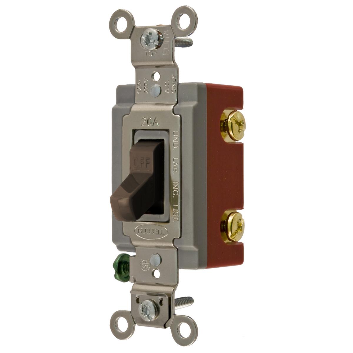 Hubbell HBL1222 Switches and Lighting Controls, Extra Heavy Duty Industrial Grade, Toggle Switches, General Purpose AC, Double Pole, 20A 120/277V AC, Back and Side Wired, Brown Toggle  ; Large brass binding head screws with deep slots ; Abuse resistant nylon toggle ; Str