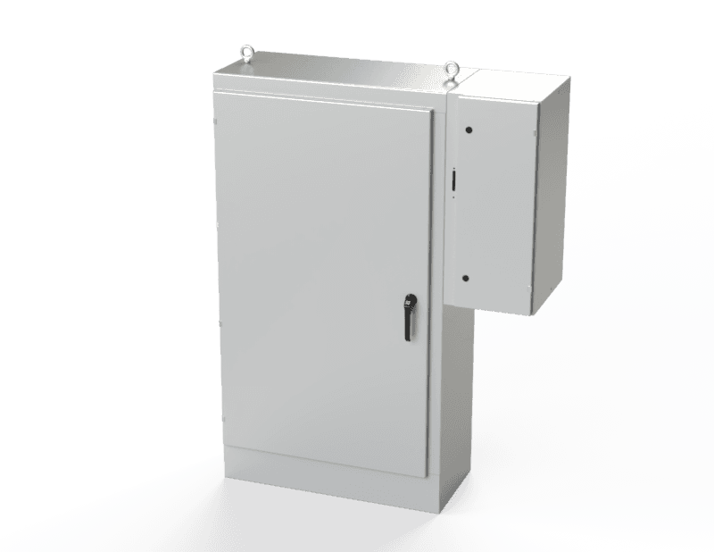 Saginaw Control SCE-72XD4018 1DR XD Enclosure, Height:72.00", Width:39.50", Depth:18.00", ANSI-61 gray powder coating inside and out. Sub-panels are powder coated white.