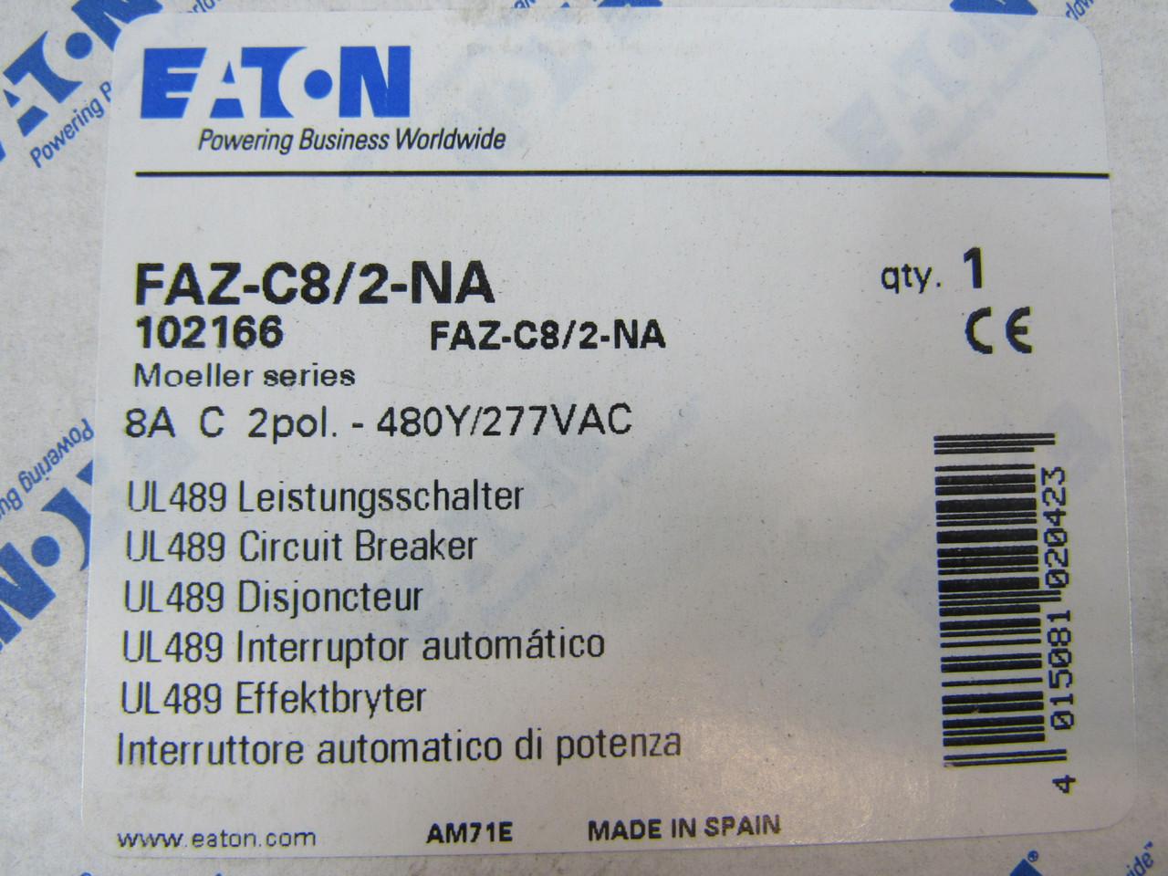 Eaton FAZ-C8/2-NA 277/480 VAC 50/60 Hz, 8 A, 2-Pole, 10/14 kA, 5 to 10 x Rated Current, Screw Terminal, DIN Rail Mount, Standard Packaging, C-Curve, Current Limiting, Thermal Magnetic