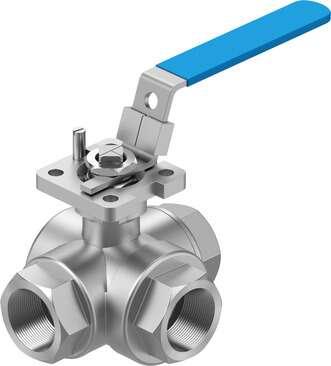 Festo 8096955 ball valve VZBE-1-T-63-F-3T-F05-M-V15V15 Design structure: (* 3-way ball valve, * T hole), Type of actuation: mechanical, Sealing principle: soft, Assembly position: Any, Mounting type: Line installation