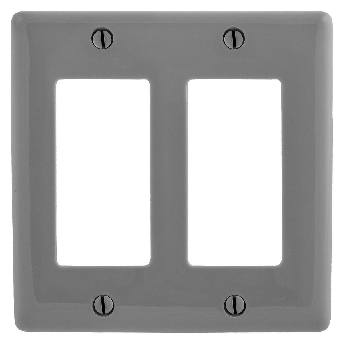 Hubbell NP262GY Wallplates and Box Covers, Wallplate, Nylon, 2-Gang, 2) Decorator, Gray  ; Reinforcement ribs for extra strength ; Captive screw feature holds mounting screw in place ; High-impact, self-extinguishing nylon material ; Standard Size is 1/8" larger to give 
