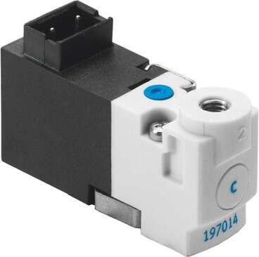Festo 197048 solenoid valve MHP1-M4H-2/2G-M3-TC Semi in-line valve for individual and manifold mounting, very compact, with plug connector on top Valve function: 2/2 closed, monostable, Type of actuation: electrical, Width: 10 mm, Standard nominal flow rate: 14 l/min,