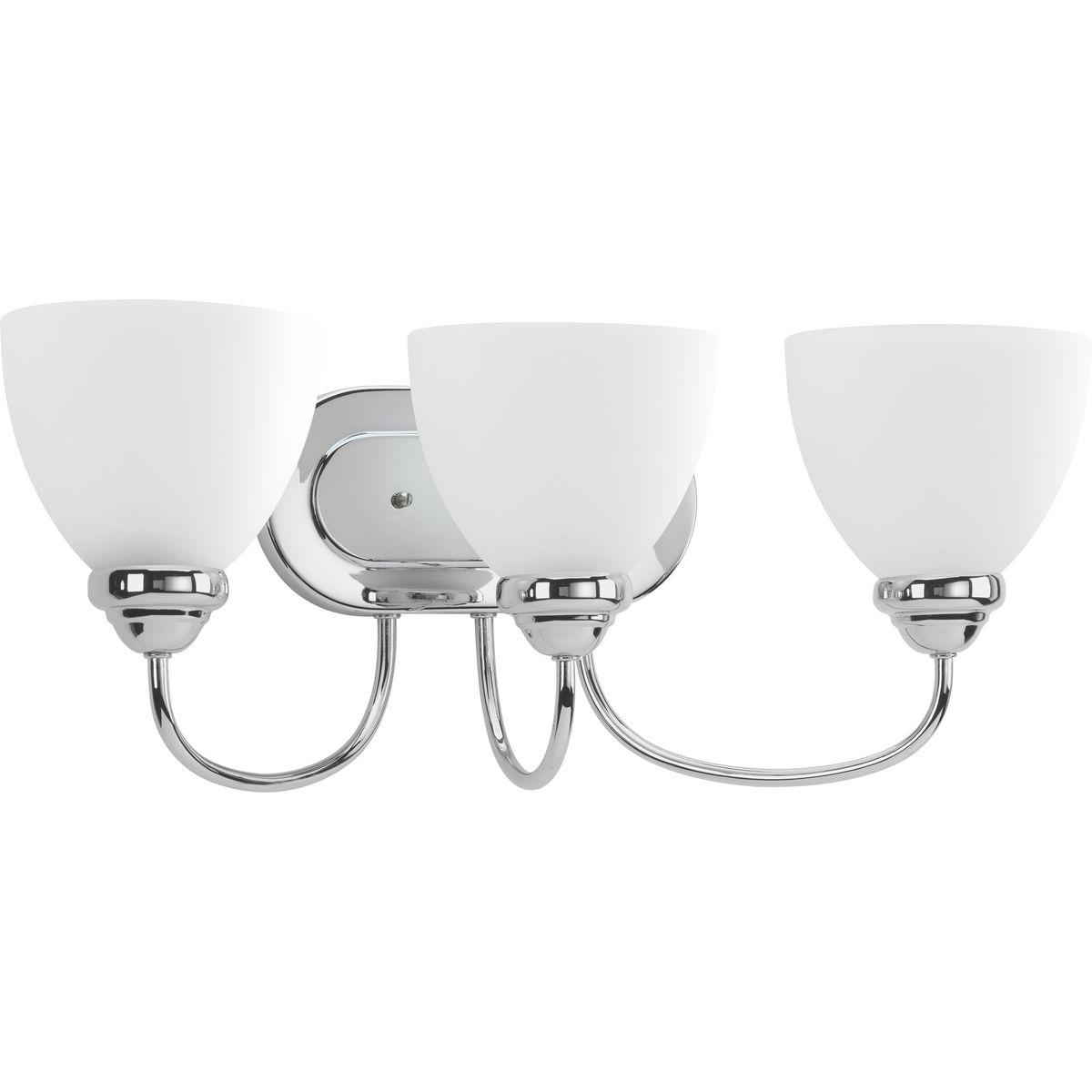 Hubbell P2919-15 The Heart Collection possesses a smart simplicity to complement today's home. This three-light bath bracket includes etched glass shades to add distinction and provide pleasing illumination to any room. Versatile design permits installation of fixture fac