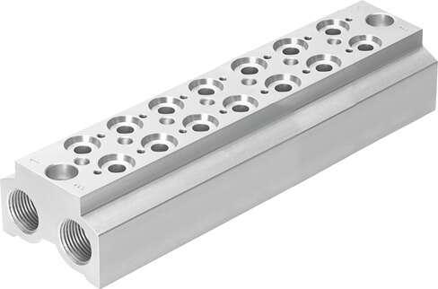 Festo 550606 manifold block CPE10-3/2-PRS-1/4-7-NPT For CPE valves. Grid dimension: 16 mm, Assembly position: Any, Max. number of valve positions: 7, Max. no. of pressure zones: 2, Operating pressure: -13 - 145 Psi