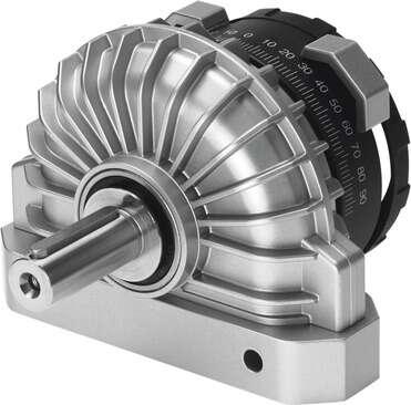 Festo 13467 semi-rotary drive DSR-40-180-P Rotary vane principle, infinitely adjustable swivel angle. The stop system is separate from the rotary vane so that any forces which occur are absorbed by the stop cams and cushioned via flexible plastic pads. Size: 40, Cush