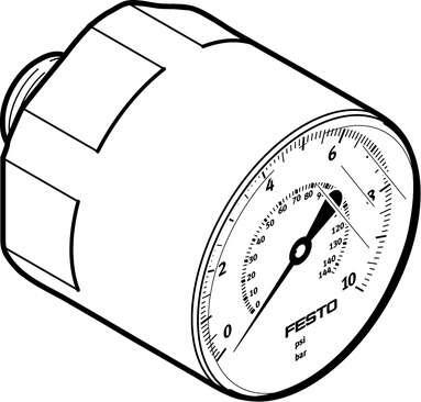 Festo 132340 pressure gauge MA-15-10-M5 With display unit in bar. Indicating range [bar]: 0 - 10 bar, Nominal size of pressure gauge: 15, Design structure: Bourdon tube pressure gauge without measuring mechanism, Mounting type: Line installation, Operating medium: (* 