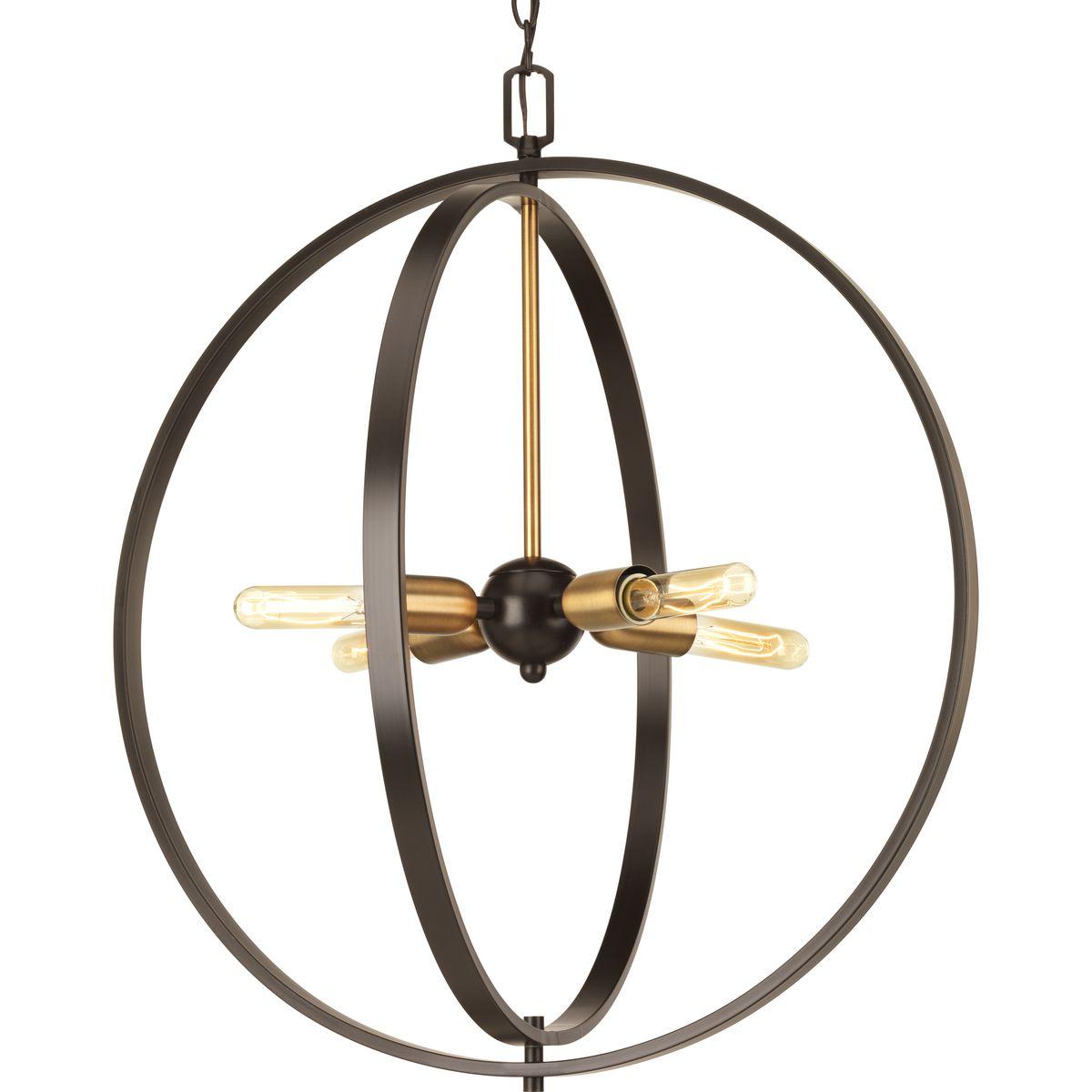 Hubbell P5191-20 The four-light sphere large pendant within the Swing Collection features mixed metal accents in an Antique Bronze finish with Vintage Brass candle holders. The vintage undertones adds style to dining rooms and kitchens.  ; Vintage electric undertones. ; M