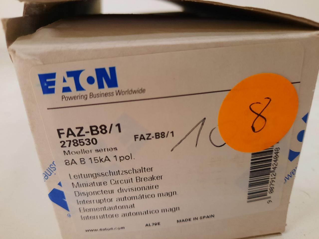 Eaton FAZ-B8/1 277/480 VAC 50/60 Hz, 8 A, 1-Pole, 10 kA, 3 to 5 x Rated Current, Line/Load Terminal, DIN Rail Mount, Standard Packaging, B-Curve, Current Limiting, Thermal Magnetic, Supplementary Protector