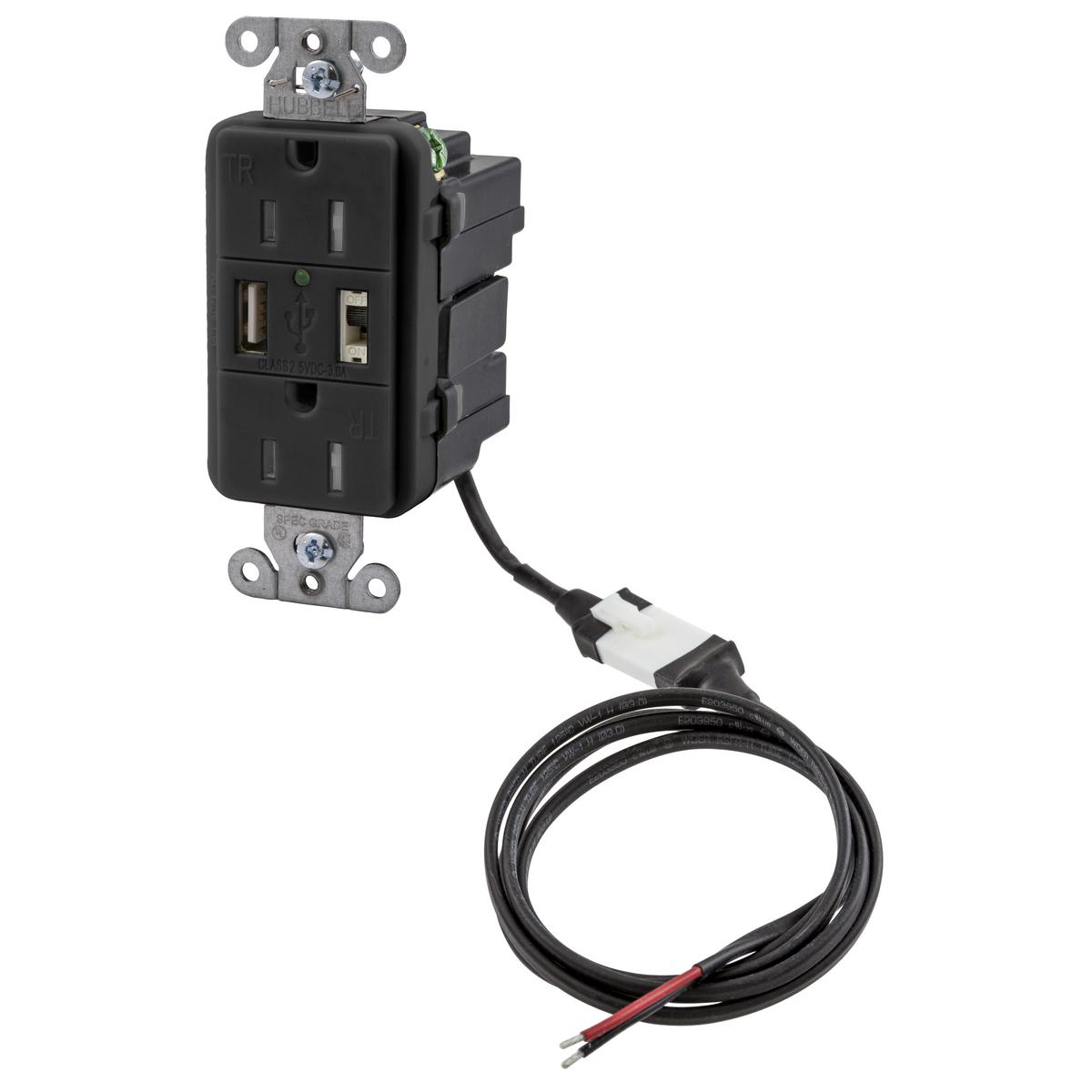 Hubbell AVPS152BK USB Charger Tamper-Resistant Receptacle, (1) USB Port 5A, 5V DC output, 15A, 125V AC Decorator Duplex, Black 