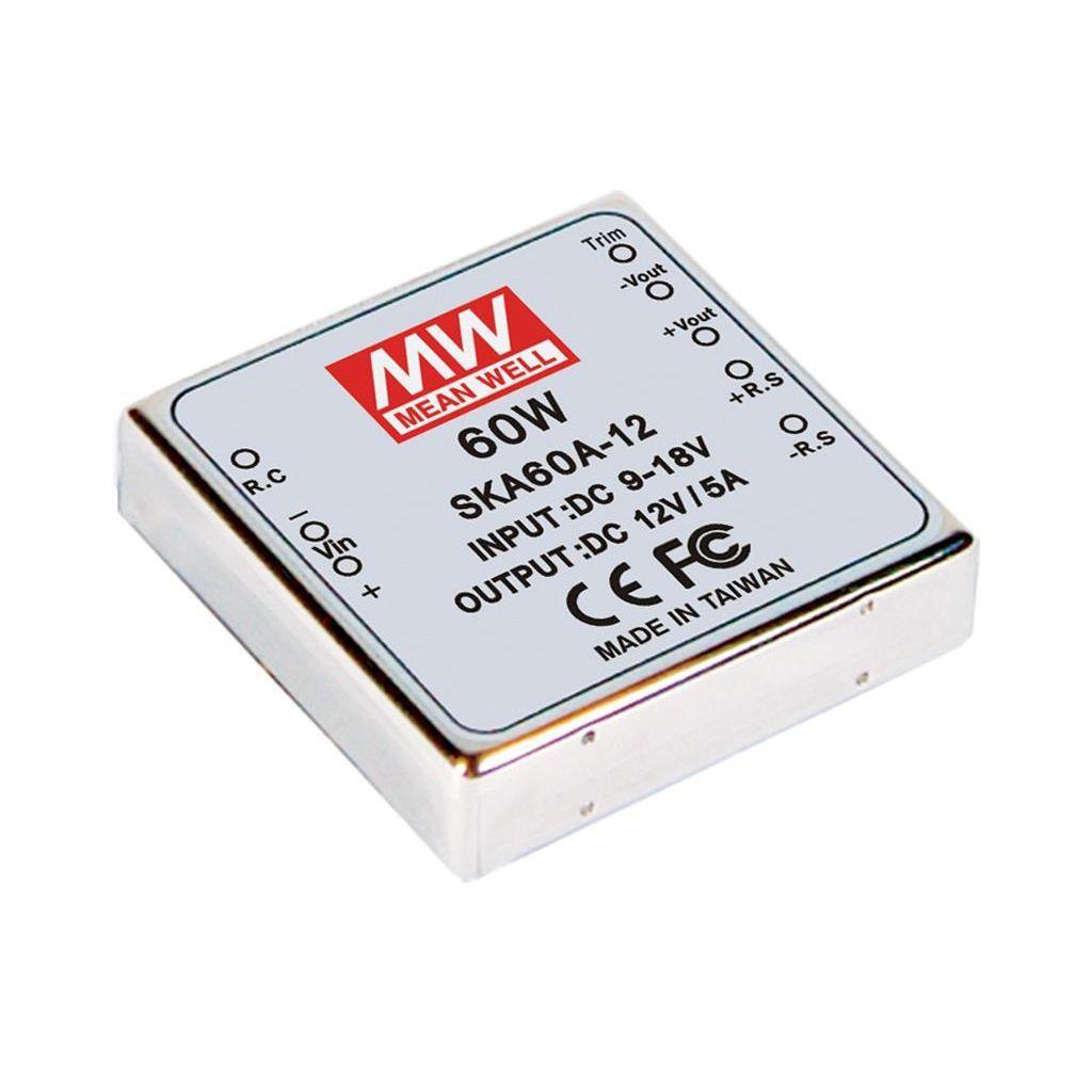 MEAN WELL SKA60A-15 DC-DC Converter PCB mount; Input 9-18Vdc; Output 15Vdc at 4A; DIP Through hole package; Built-in EMI filter; 2" x 2" compact size; remote ON/OFF