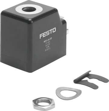 Festo 34400 solenoid coil MSG-12DC-OD With pin connections for plug sockets per DIN EN 175301 Assembly position: Any, Min. pickup time: 10 ms, Duty cycle: 100 %, Protection class: IP65, Materials note: Conforms to RoHS
