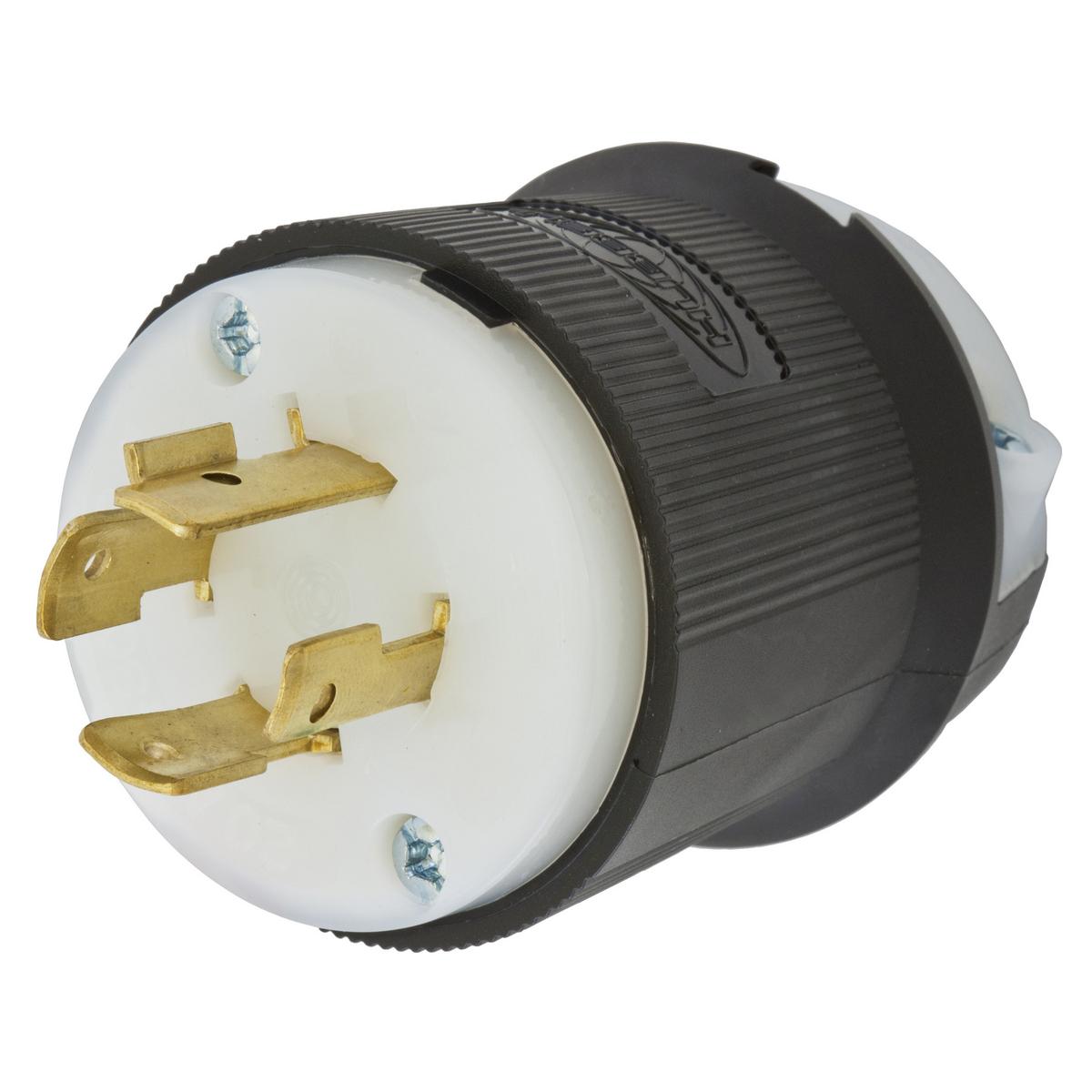 Hubbell HBL2431 Locking Devices, Twist-Lock®, Industrial, Male Insulgrip® Plug, 20A 3-Phase 480V AC, 3-Pole 4-Wire Grounding, NEMA L16-20P, Screw Terminal, Black and White Nylon.  ; Superior cord grip design protects terminations from excess strain. ; Clear, funnel shape