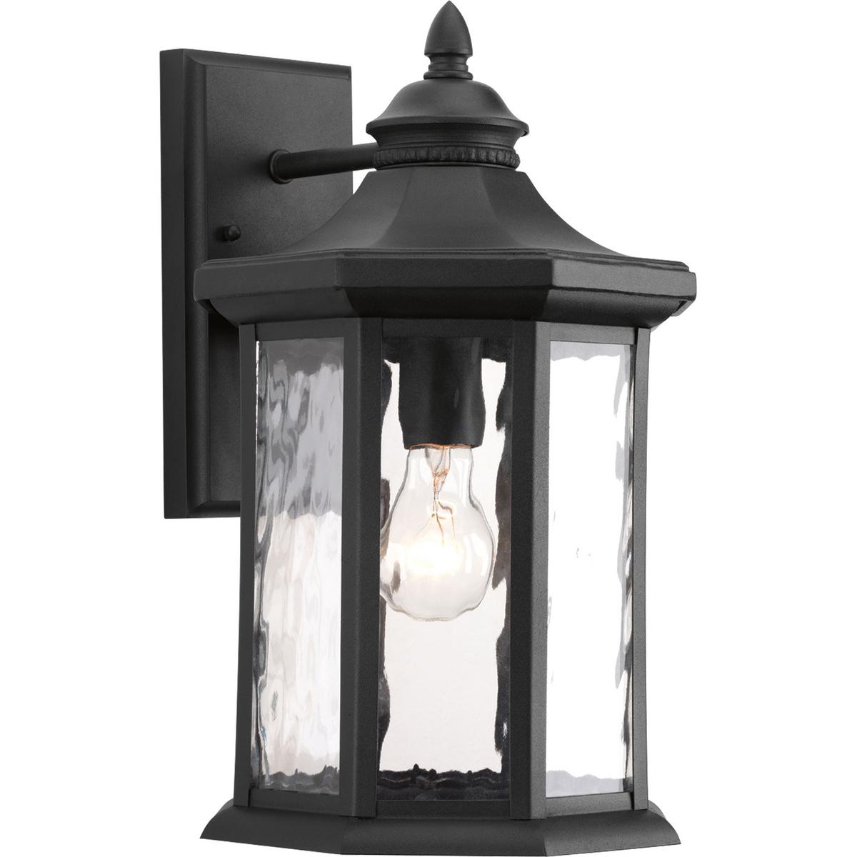 Hubbell P6072-31 One-light wall lantern with a distinct octagonal shape for classic styling, highlighted by clear water glass elements.  ; Black finish. ; Distinct octagonal shape. ; Classic styling. ; Clear water glass elements.