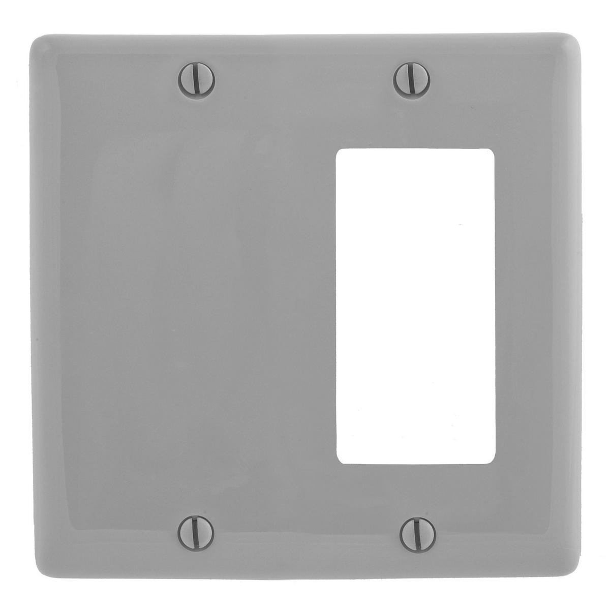 Hubbell NP1326GY Wallplates and Box Covers, Wallplate, Nylon, 2-Gang, 1) Decorator 1) Blank, Gray  ; Reinforcement ribs for extra strength ; High-impact, self-extinguishing nylon material ; Captive screw feature holds mounting screw in place ; Standard Size is 1/8" larger