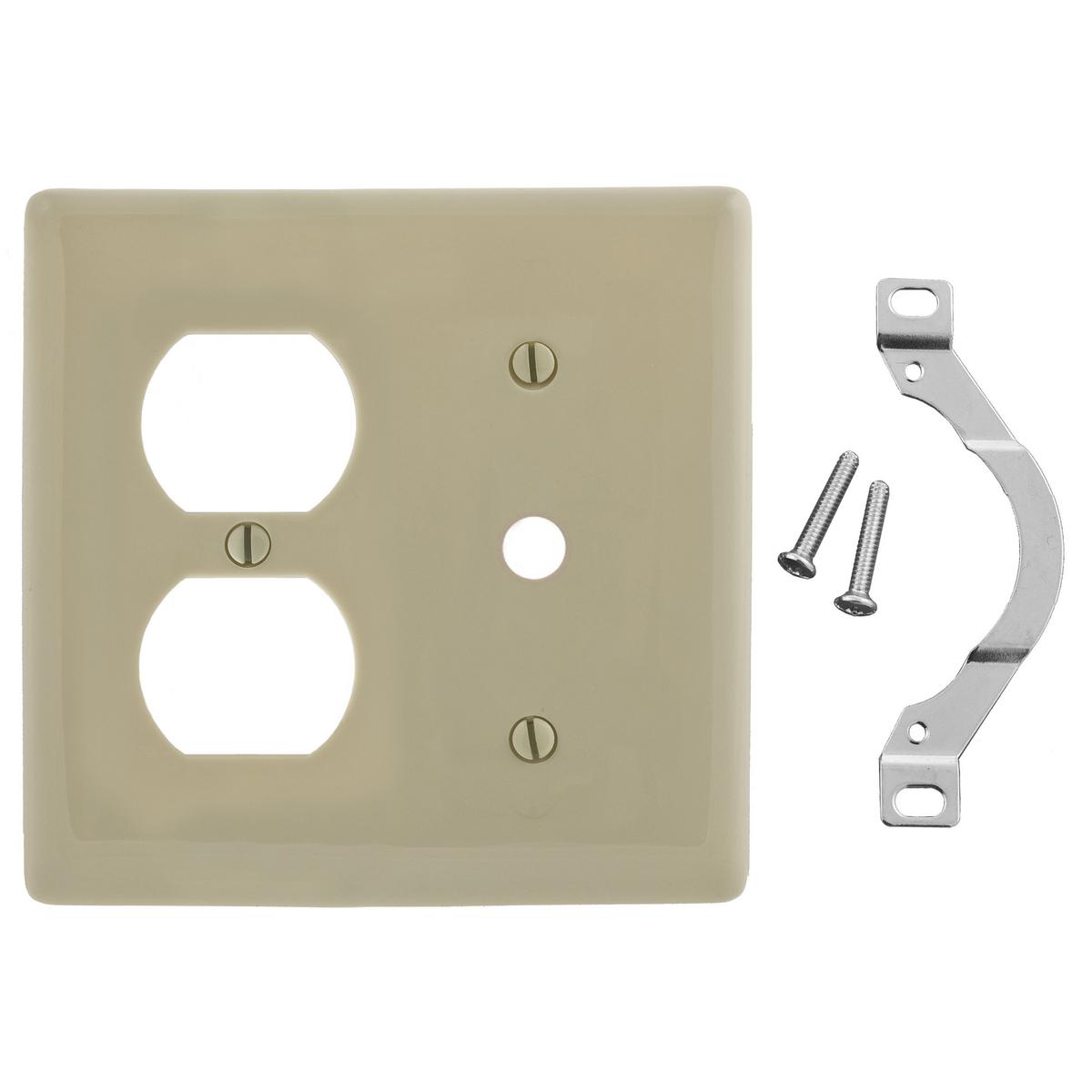 Hubbell NP128I Wallplates and Box Covers, Wallplate, Nylon, 2-Gang, 1) Duplex 1) .406" Opening, Ivory  ; Reinforcement ribs for extra strength ; High-impact, self-extinguishing nylon material ; Captive screw feature holds mounting screw in place ; Standard Size is 1/8" 